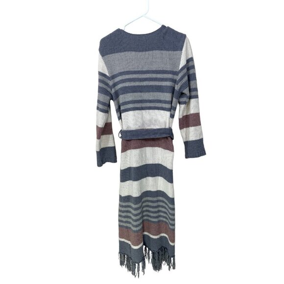 ACOA Size S Striped Chenille Duster Long Cardigan Wrap Fringe Sweater Boho Ivory - Picture 2 of 6